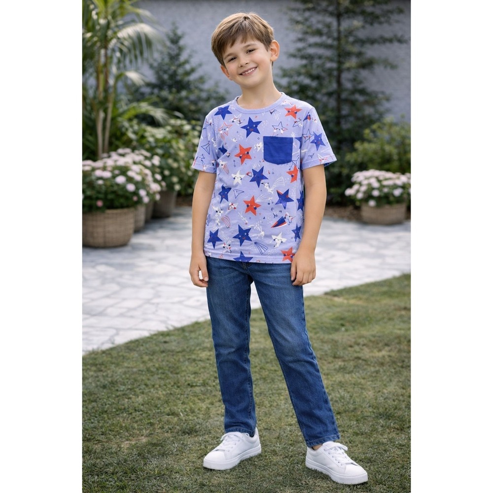 PLAY BY THE LITTLE SLEEPIES Star Print Pocket Tee‎ Boys 8 Blue Red Short Sleeve